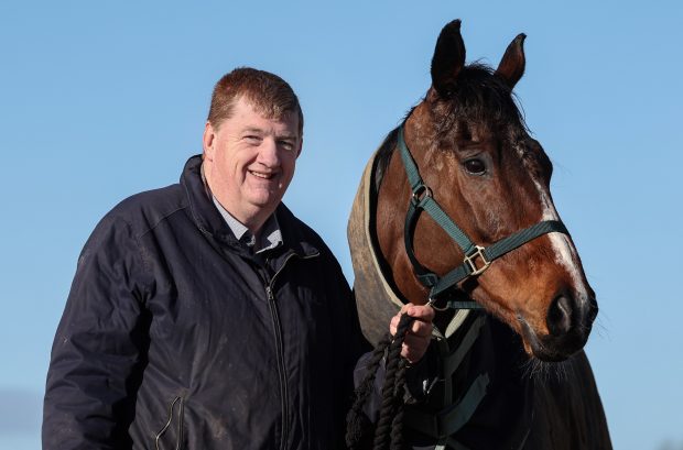 Irish trainer Shark Hanlon with £800 purchase Hewick, who is now bidding for Cheltenham Gold Cup and Aintree Grand National glory.