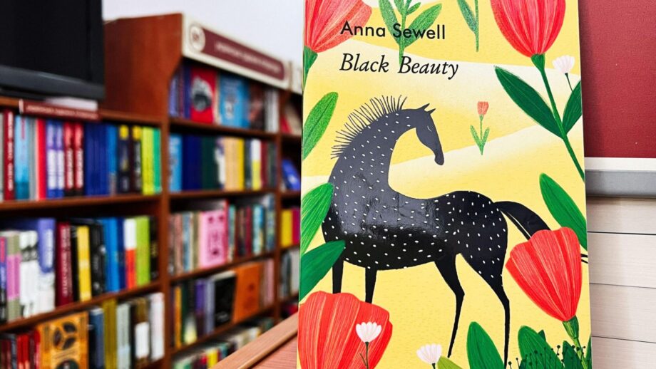 Close up of book with horse on the cover, with books on bookshelves in background