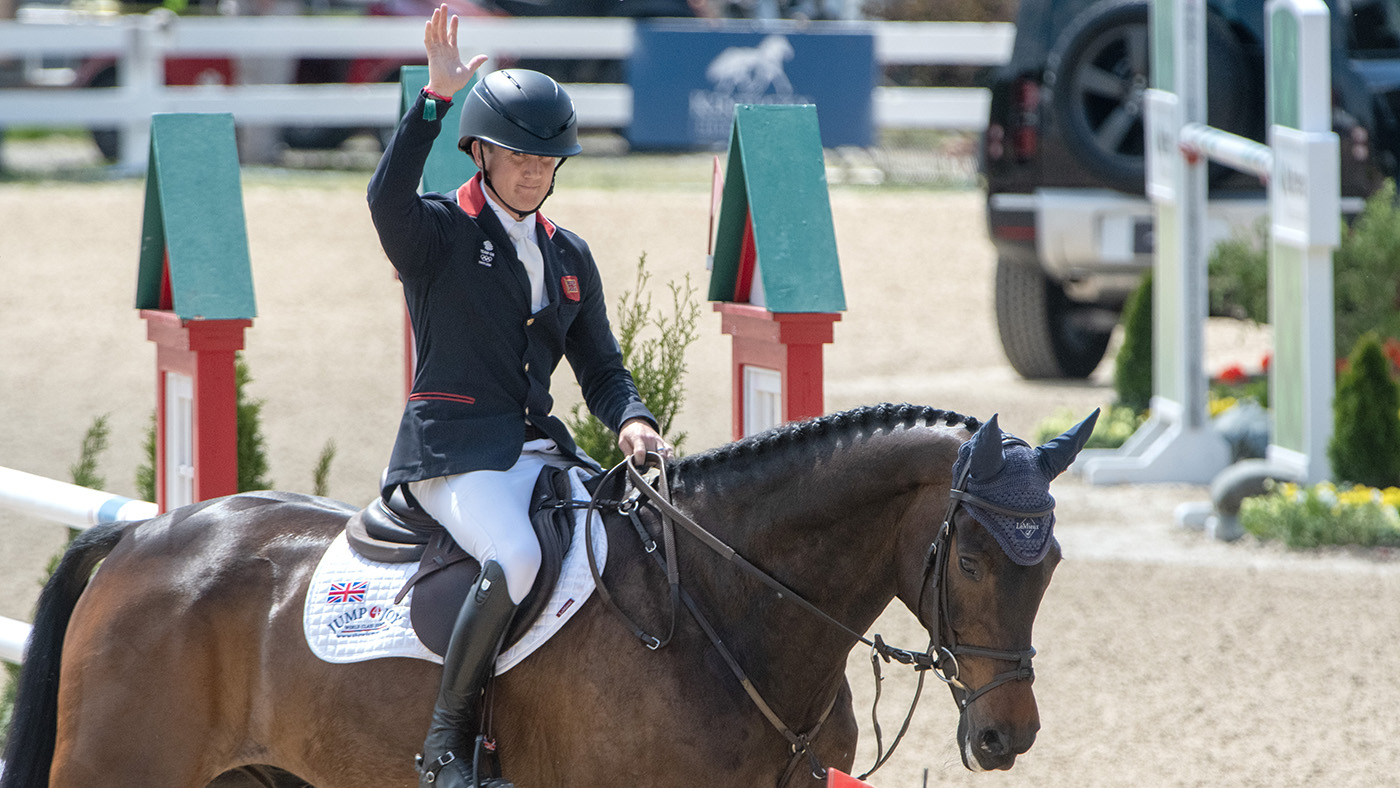 Kentucky 3-Day Tournament showjumping: podium finishers react