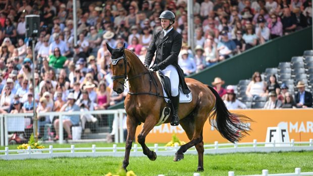 Daragh Byrne riding Kilcannon Ramiro during the dressage phase of the 2024 Mars Badminton Horse Trials.