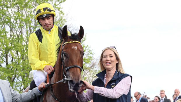 Kerry Humphries with the Roger Varian-trained 1000 Guineas winner Elmalka. Kerry also looks after ex-racehorse One Pekan, who she sometimes rides bridleless.