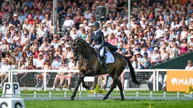 Lucy Latta riding RCA Patron Saint during the dressage phase of the 2024 Mars Badminton Horse Trials.