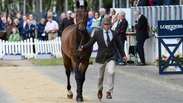 Lithuania's Aistis Vitkauskas and Commander Vg trotting towards the camera with spectators behind at the were sent to the holding box during the Luhmühlen Horse Trials CCI5* first horse inspection.