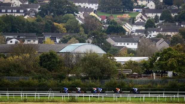 NEWTON ABBOT, ENGLAND - OCTOBER 13: Runners make their way around the track during the British Stallion Studs EBF 'National Hunt' Novices' Hurdle at Newton Abbot Racecourse on October 13, 2017 in Newton Abbot, England. (Photo by Harry Trump/Getty Images)