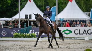 British riders Storm Straker, pictured, and Caroline Harris made their five-star debuts in the first day of Luhmühlen Horse Trials dressage.