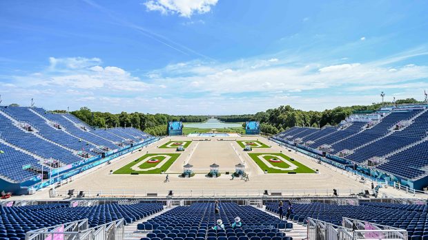 Olympic eventing showjumping: A view of the Olympic equestrian main arena at Versaille where hundreds will want the equestrian Olympic sports