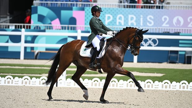 Abi Lyle and Giraldo in the dressage grand prix at the Paris Olympics