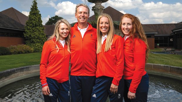 The British Olympic dressage squad: from left Lottie Fry, Carl Hester, Charlotte Dujardin and Becky Moody in their Team GB uniform