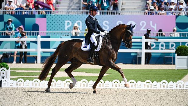Australian rider Jayden Brown and Quincy B pictured in the Paris Olympic dressage grand prix.