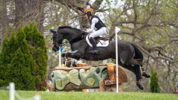 Paris Olympic eventing team news: Liz Halliday and Cooley Nutcracker jumping at cross-country fence at Kentucky Three-Day Event 2024