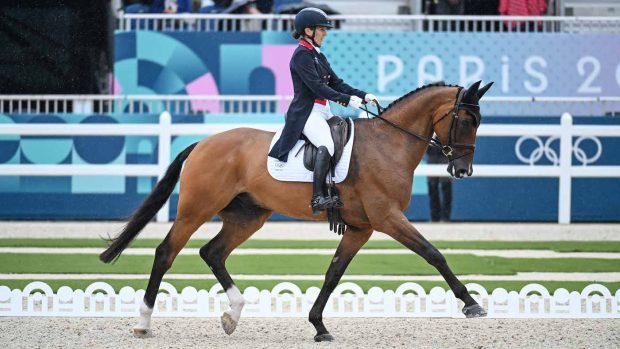 Laura Collett and London 52 in the Olympic eventing dressage at Paris 2024.