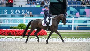 Liz Halliday and Nutcracker in the Olympic eventing dressage at Paris 2024.