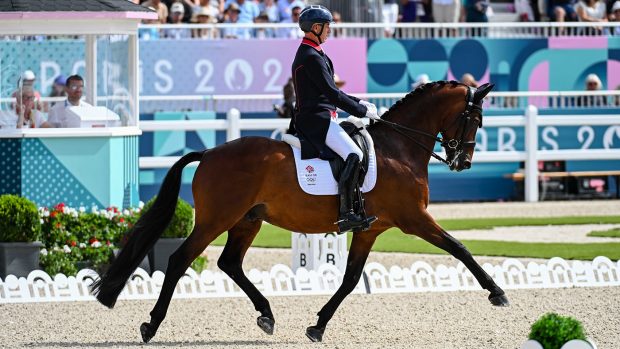 Carl Hester and Fame in extended trot during their Olympics freestyle performance at Paris 2024