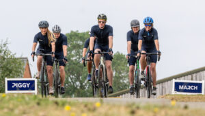 Holly Woodhead, Tom March and Piggy March lead the Cycle4Caroline riders at the launch event.