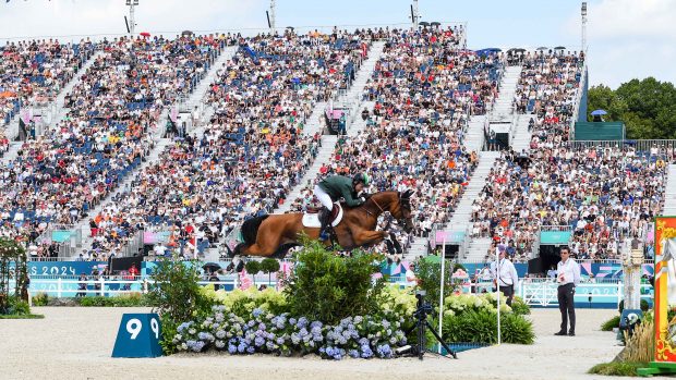 Cian O Connor and Maurice for Ireland in the opening round of the team Olympic showjumping at Paris 2024.