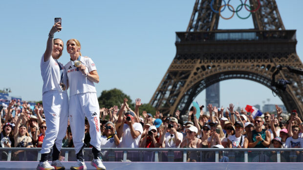 Laura Collett and Ros Canter soak up the Olympic experience in front of Eiffel Tower