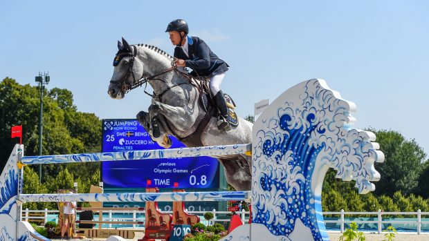Rolf-Göran Bengtsson and Zuccero HV representing Sweden in the Olympic showjumping team qualifier at Paris 2024.