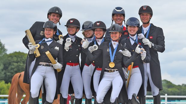 The team dressage podium at the Paris Olympics