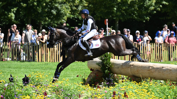 Liz Halliday, pictured competing at Paris 2024, suffered an injury at the American Eventing Championships.