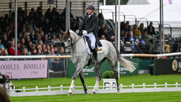 Max Warburton riding Deerpairc Revelry in the dressage phase at Defender Burghley Horse Trials