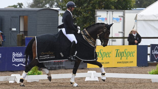 Jezz Palmer and Olaf after winning the prelim gold at the National Dressage Championships.