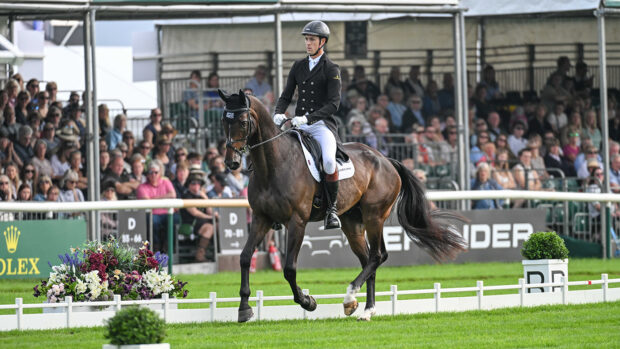 Wil Rawlin canters in front of the packed grandstand during his dressage test on Ballycoog Breaker Boy at Defender Burghley Horse Trials