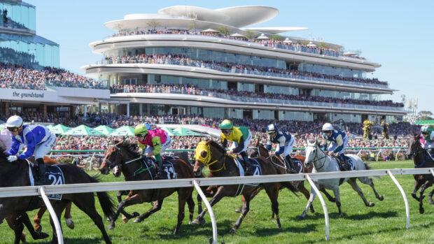 Horses on the first lap during the running of the Lexus Melbourne Cup