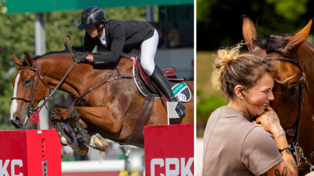 Kevin Staut in action at Spruce Meadows and Kevin's groom Mathilde Schmidt.