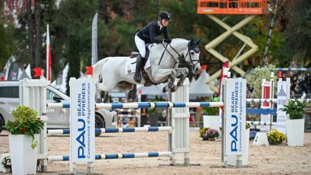 Piggy March, riding Jayne McGivern’s stallion Halo at Pau Horse Trials 2024.