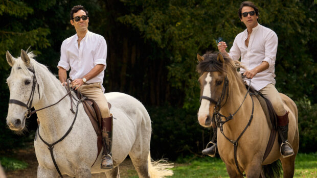 Alex Hassell (Rupert Campbell-Black) and Luke Pasqualino (Tony Baddingham) on horses for Rivals TV series