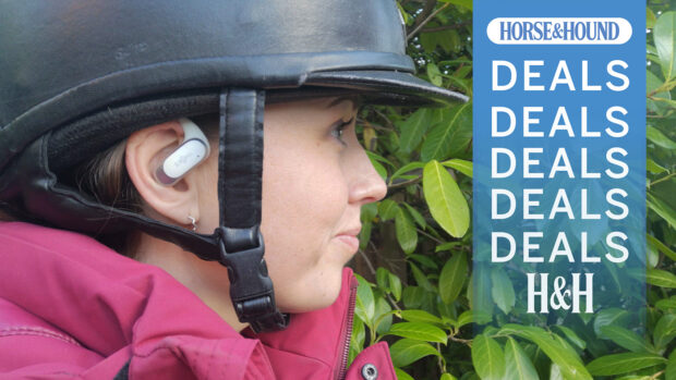 Horse rider wearing Shokz Open-Fit Air headphones and riding hat, with H&H deals graphic