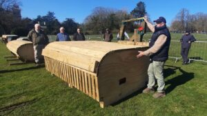 Stuart Buntine at Thoresby with a frangible hay feeder cross-country fence. An example of the internal 'parallelogram' used in these frangible fences can be seen on top of the fence.