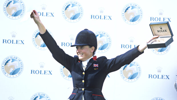 Pippa Funnell, winning the Grand Slam of Eventing at Burghley 2003.