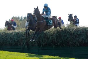 Aintree Foxhunters’ : Gracchus De Balme ridden by Huw Edwards on their way to winning the Randox Foxhunters’ Open Hunters' Chase on day one of the 2025 Randox Grand National Festival at Aintree Racecourse.