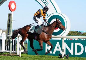 Nick Rockett ridden by jockey Patrick Mullins passes the post to win the Randox Grand National 2025.