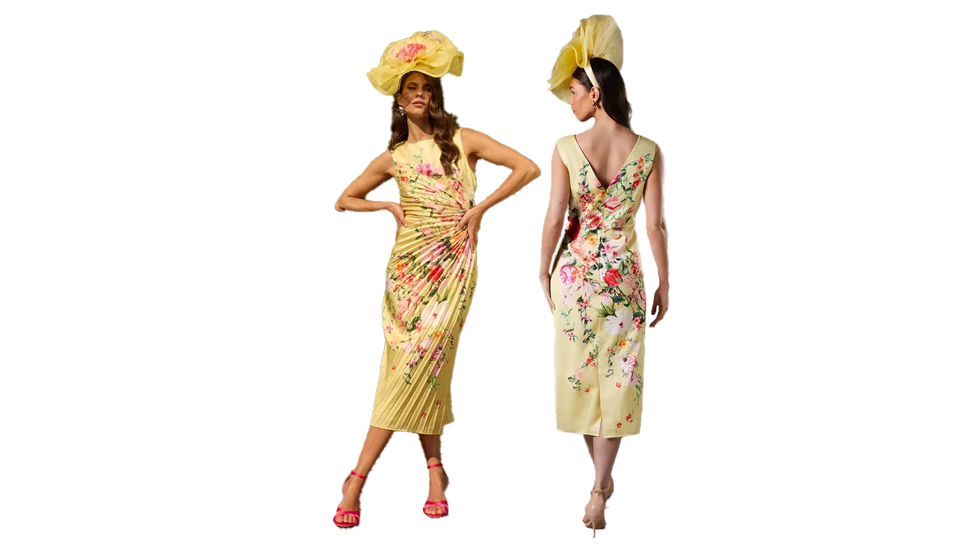 Coast Lisa Tan Pleated Floral Midi Dress With Pleat Detail
