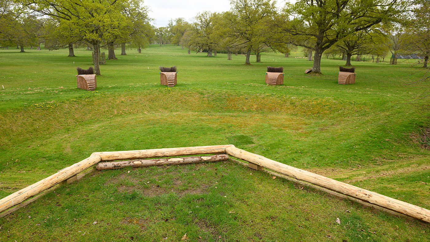 The view off the bank at Fence 21ab, the Mayston Equestrian Sunken Road on the Badminton Horse Trials cross-country course 2025. 