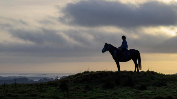 Woman and horse silhouetted against cloudy sky on hill, showing confidence to ride alone.