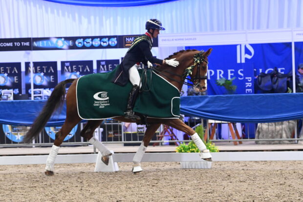 Alex Harrison-West and Mount St John Diamonds Are Forever win the Superflex inter I gold at the NAF Five Star Winter Dressage Championships.