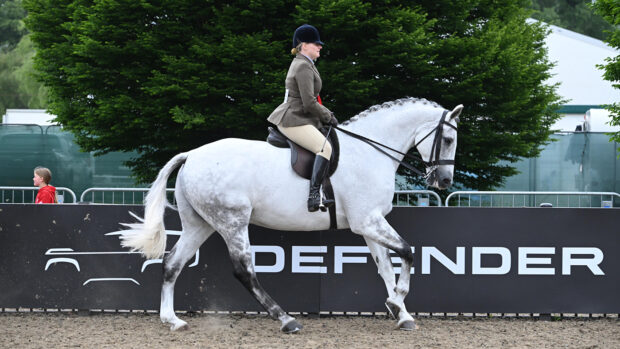 Rose Bailey wins the Royal Windsor Horse Show amateur hunter championship with her own Bloomfield Greystones.