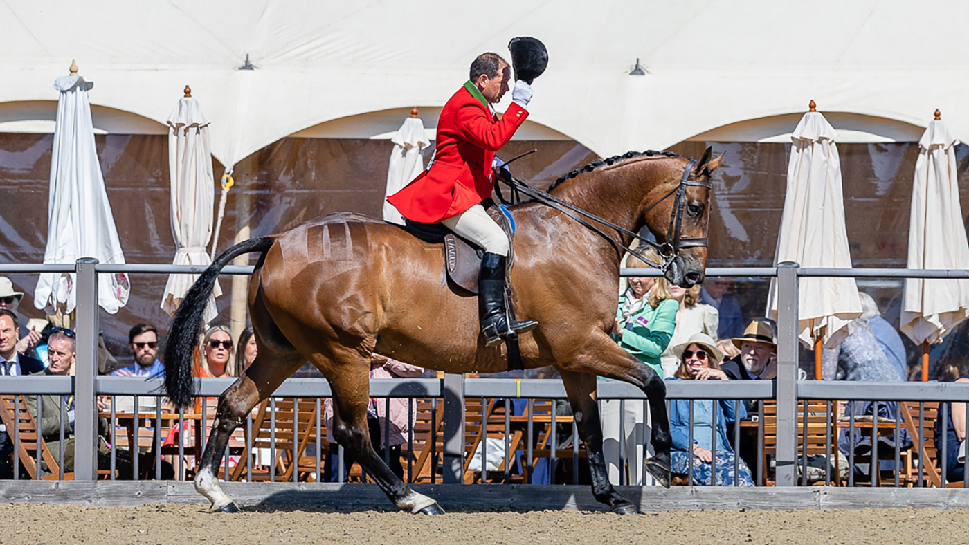 Robert Walker salutes the crowd riding Greenhall Treasure Island in the hunter championship at Royal Windsor Horse Show