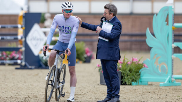 Tom March, pictured with commentator Steve Wilde at Royal Windsor Horse Show, where Tom’s mammoth challenge concluded.