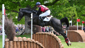 David Doel and Galileo Nieuwmoed jump a fence on the Badminton cross-country course
