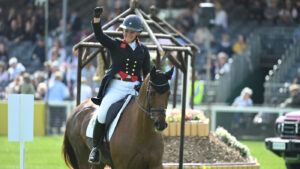 Gemma Stevens and Jalapeno, pictured in the dressage at Badminton Horse Trials 2025.