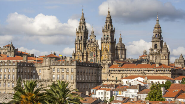 A view across the rooftops looking towards the Santiago de Compostela Cathedral in A Coruna, Spain, which is the host of the European Showjumping Championships.