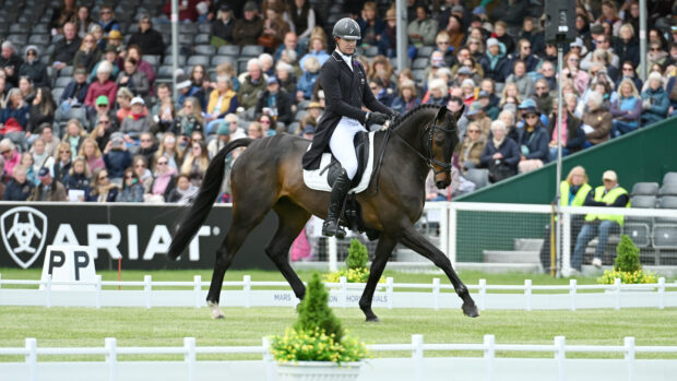 Jesse Campbell and Cooley Lafitte in the dressage at Badminton Horse Trials: he is a withdrawal