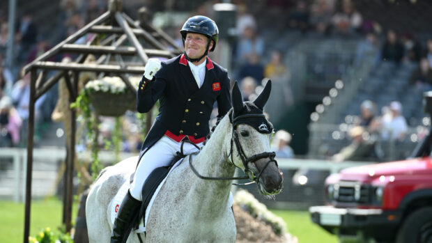 Oliver Townend after the dressage on Cooley Rosalent at Badminton Horse Trials dressage, they head the results