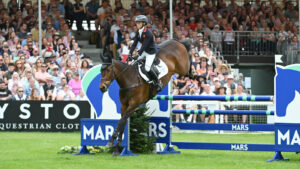 Ros Canter and Lordships Graffalo win Badminton Horse Trials 2025. The pair are pictured in the final showjumping phase.