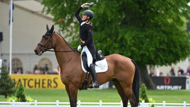 Tom Woodward and Low Moor Lucky at end of Badminton Horse Trials dressage