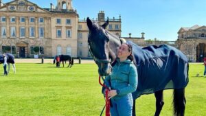 Jade Roberts, groom to David Doel, and Galileo Nieuwmoed at Badminton Horse Trials.